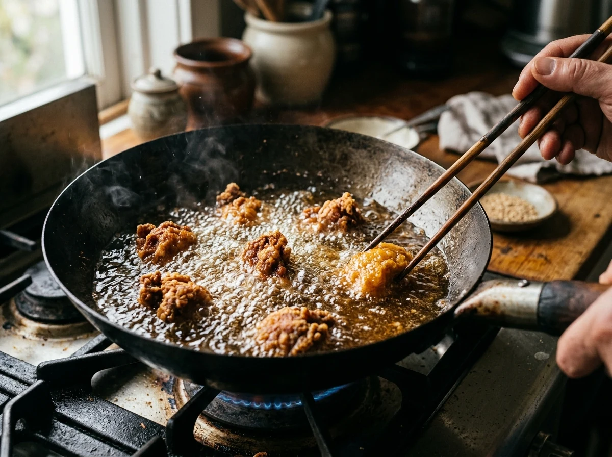 Tiefgolden frittierende Karaage-Stücke in heißem Öl, sprudelnd.