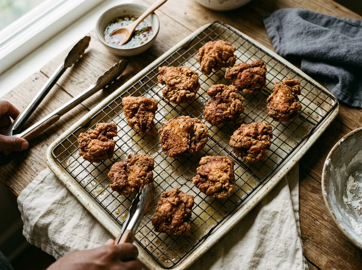 Tiefgolden frittierte Karaage-Stücke locker auf Salatblättern, daneben Mayonnaise-Klecks und Zitronen-Schnitz.