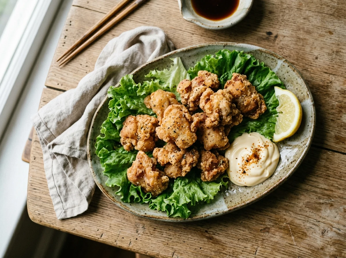 Servierplatte mit dampfend frischen Karaage-Stücken, Mayo und Zitrone, bereit zum Sofort-Essen.