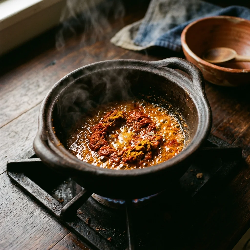 Rote Currypaste röstet im Kokosfett, das Öl färbt sich tief orange-rot, Kurkuma und Currypulver darüber.