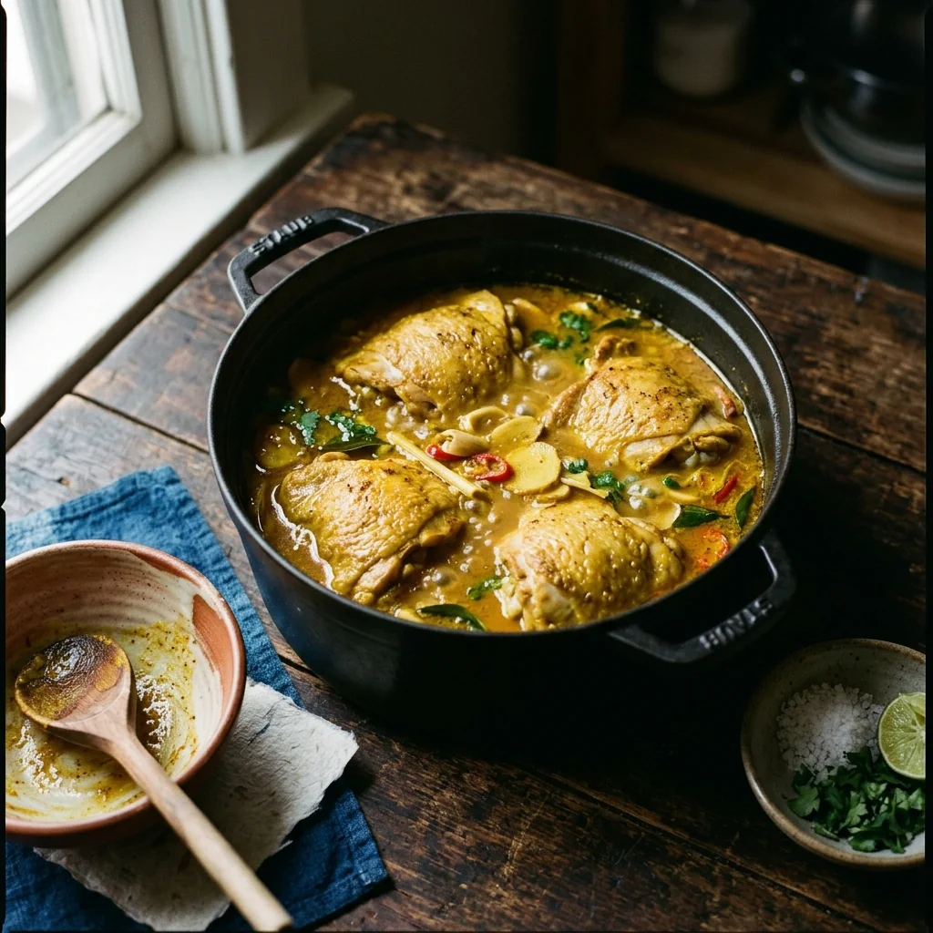 Hähnchenschenkel köcheln sanft in goldener Curry-Kokos-Brühe, Wirbel an der Oberfläche, kein Sprudeln.