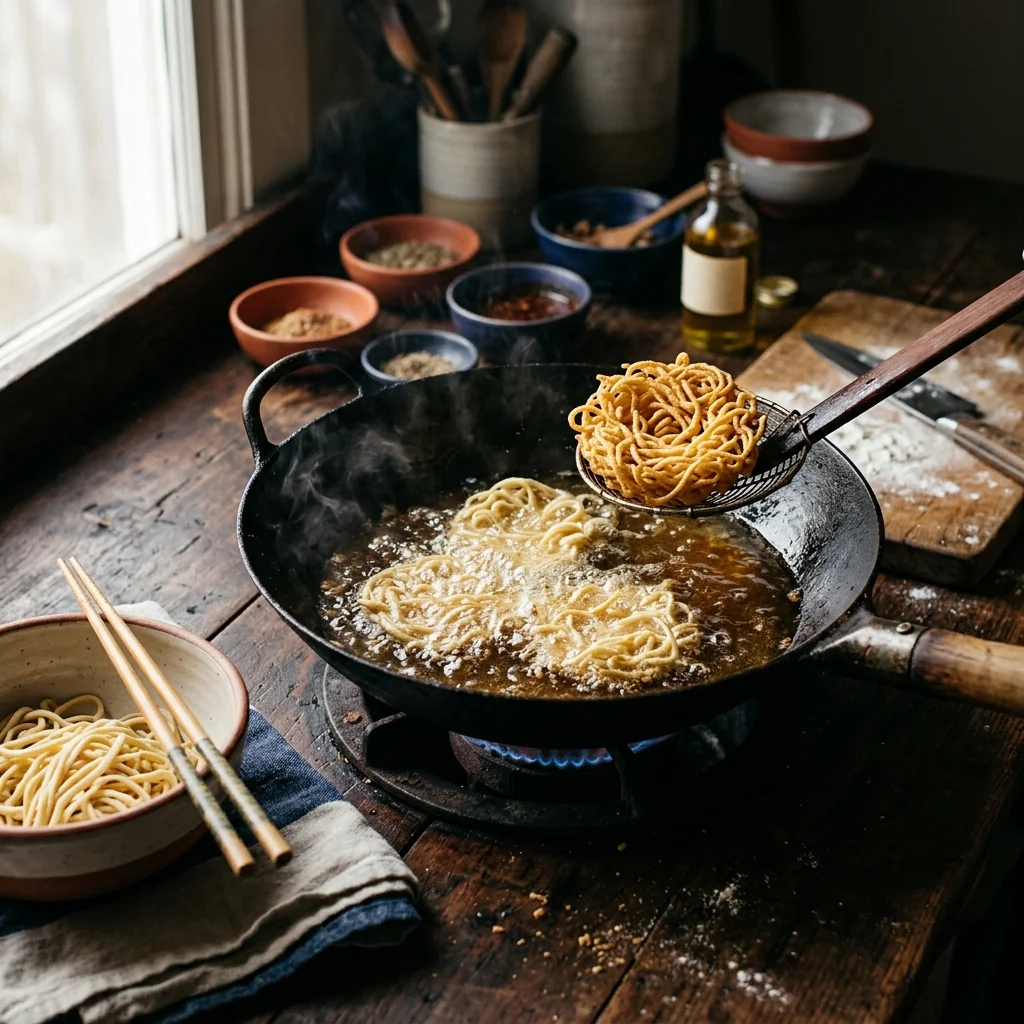 Frische Eiernudeln frittieren in heißem Öl, blähen sich auf zu krossen goldenen Nestern.