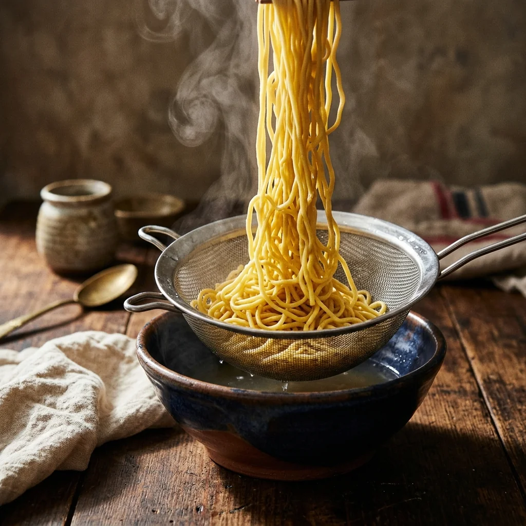 Frische gelbe Eiernudeln werden aus einem Sieb abgegossen, Dampf steigt auf.