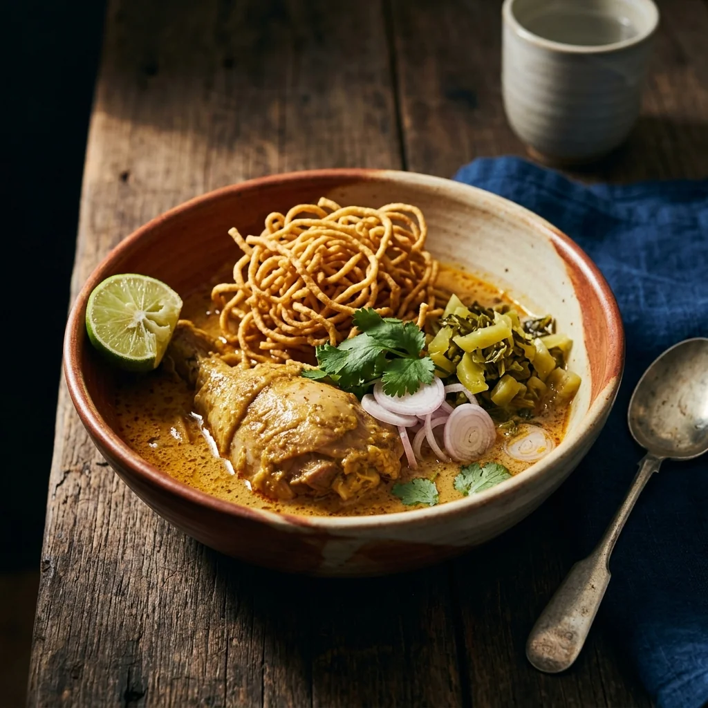 Fertiges Khao Soi in tiefer Schale — Hähnchenschenkel, frittierte Nudeln obenauf, saures Senfgemüse, Schalotten, Koriander, Limette am Rand.