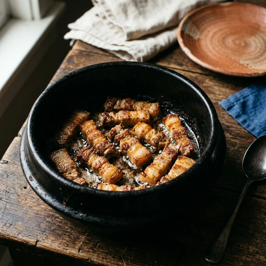 Schweinebauch-Streifen brutzeln in einem schwarzen Steintopf, Fett tritt klar aus, knusprige Ränder.