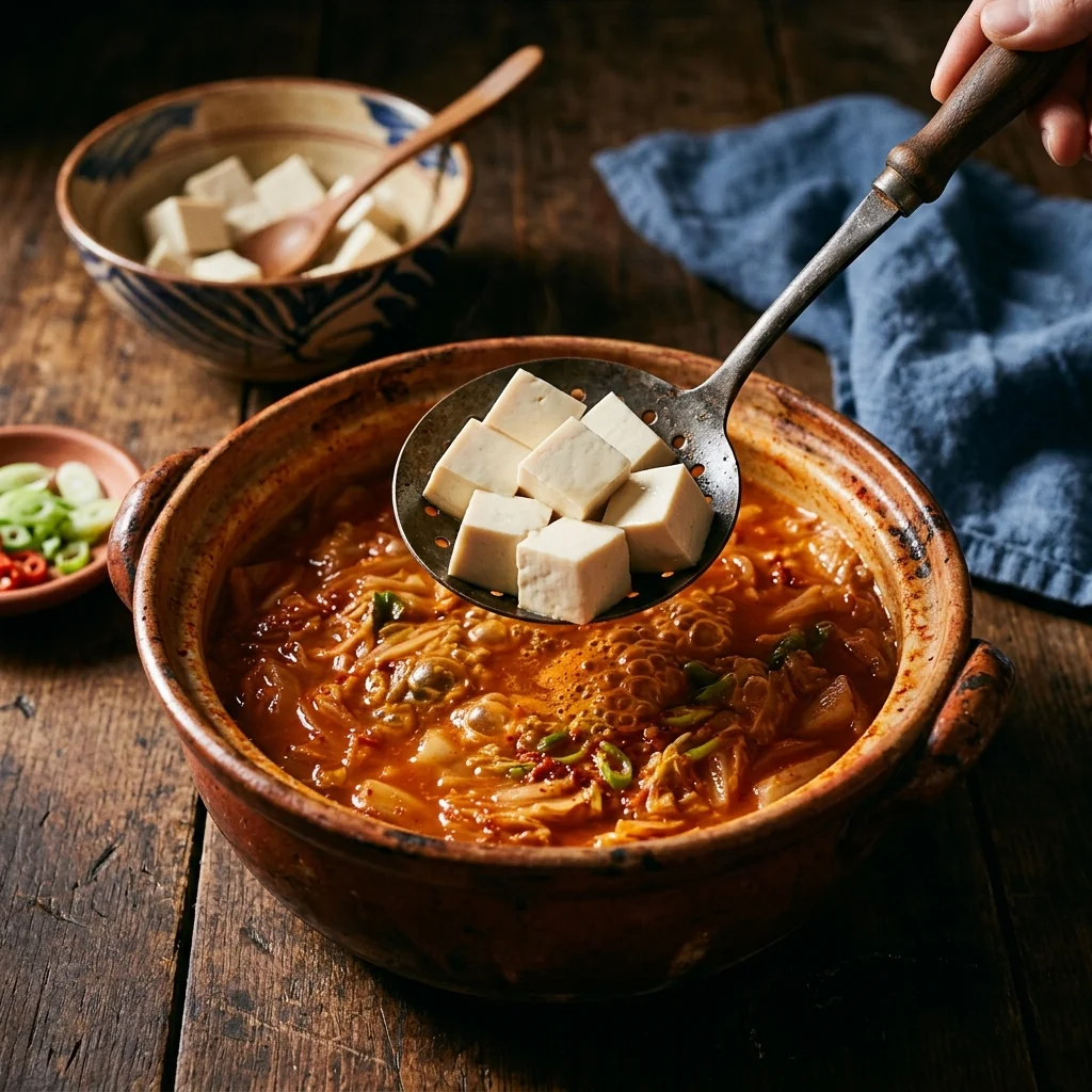 Seidentofu-Würfel werden vorsichtig in die rote Kimchi-Jjigae-Brühe gelegt, sanftes Köcheln.