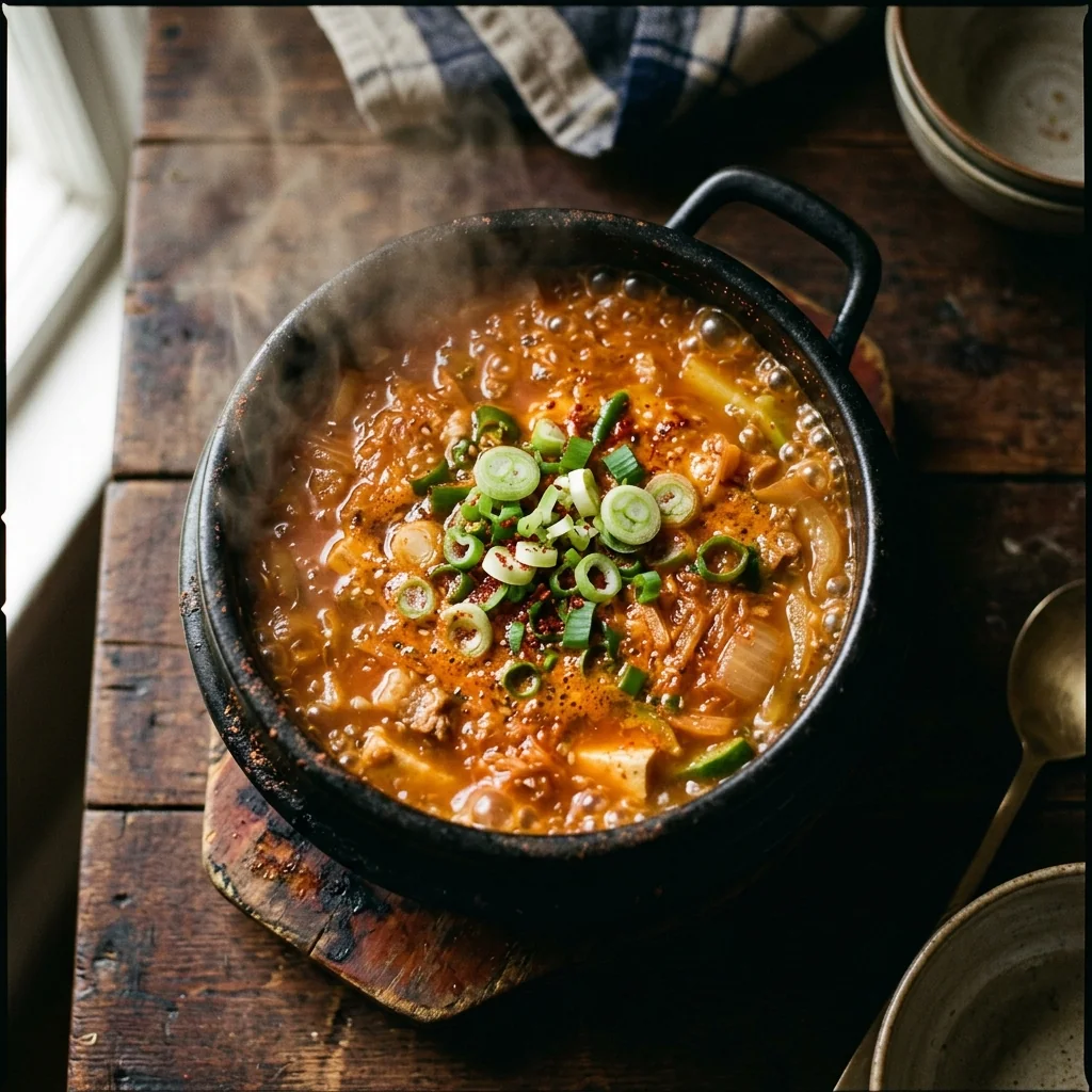 Fertige Kimchi-Jjigae blubbert im Ttukbaegi, Frühlingszwiebelringe obenauf, leichter Sesamöl-Glanz.
