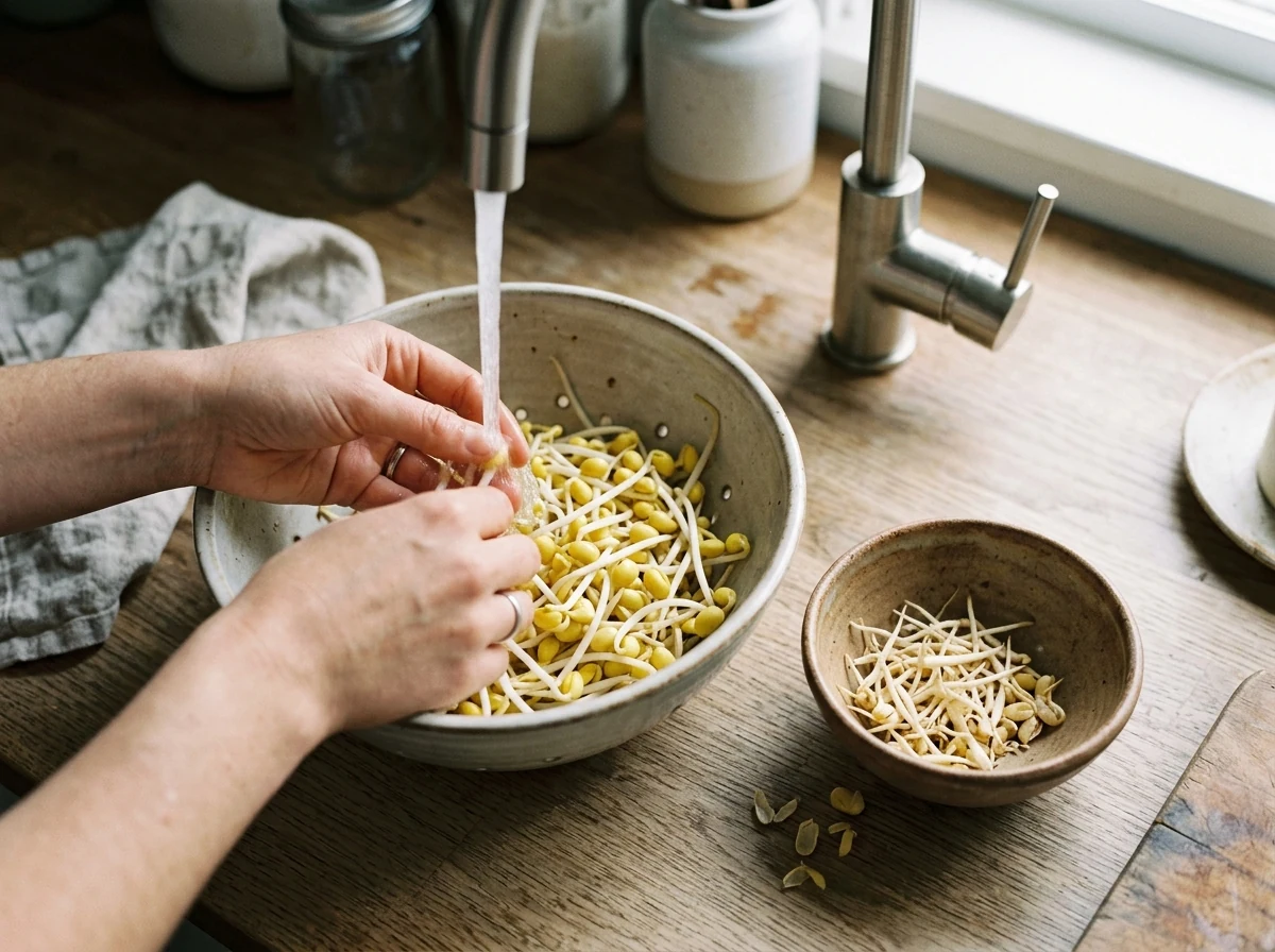 Frische Sojasprossen mit großen gelben Köpfen werden in einem Sieb gewaschen, daneben kleine Schüssel mit abgezwickten Wurzelenden.