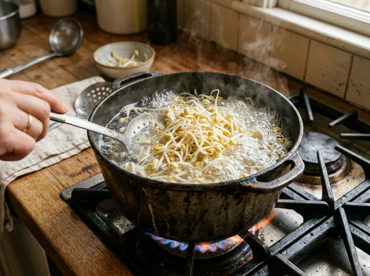 Sojasprossen kochen sprudelnd in einem Topf mit klarem Wasser, kein Deckel.