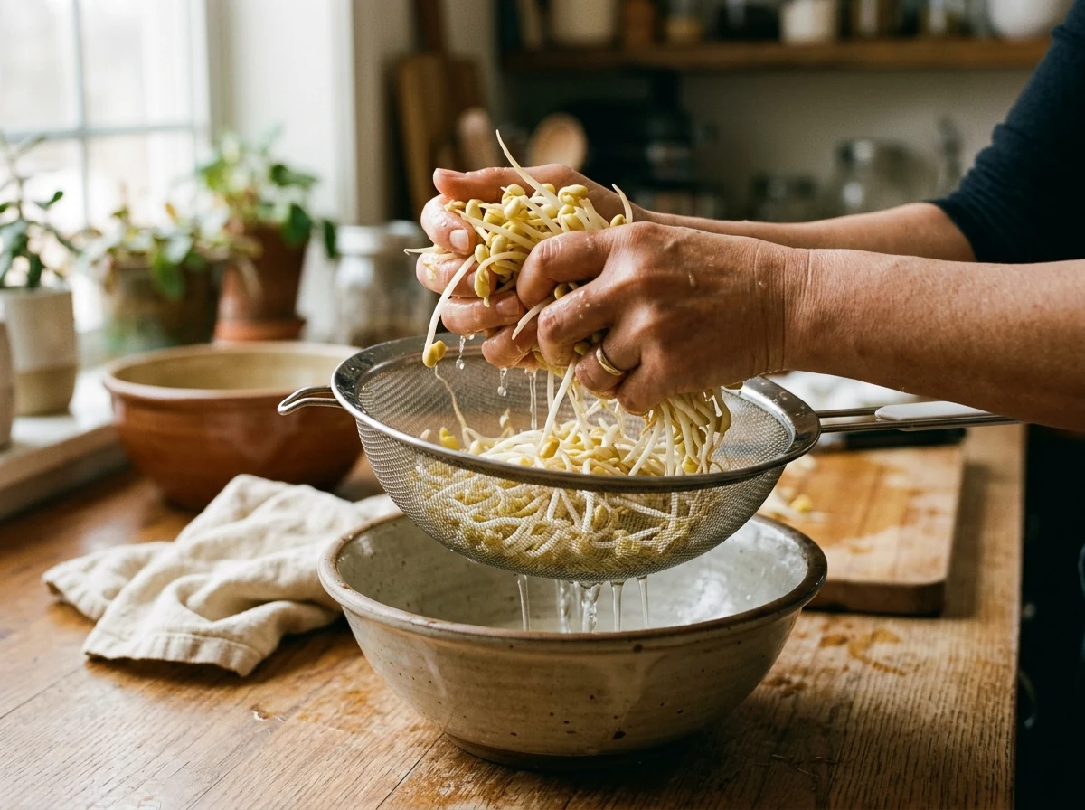 Eiskalt abgeschreckte Sojasprossen werden in den Händen ausgedrückt, Flüssigkeit läuft ab.
