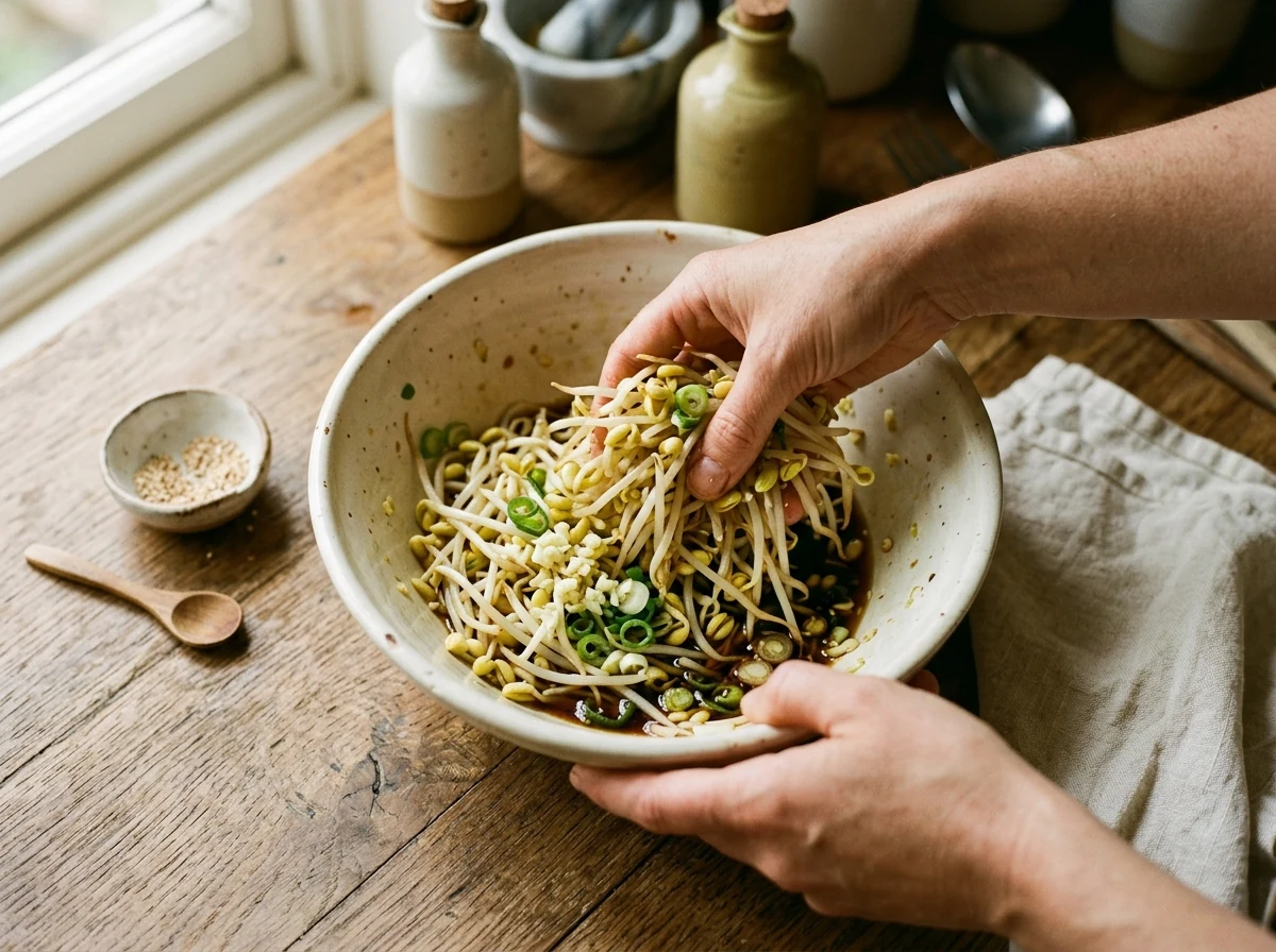 Hände mischen blanchierte Sojasprossen mit Knoblauch, Frühlingszwiebel und Sojasauce-Sesamöl-Glanz in einer Schüssel.