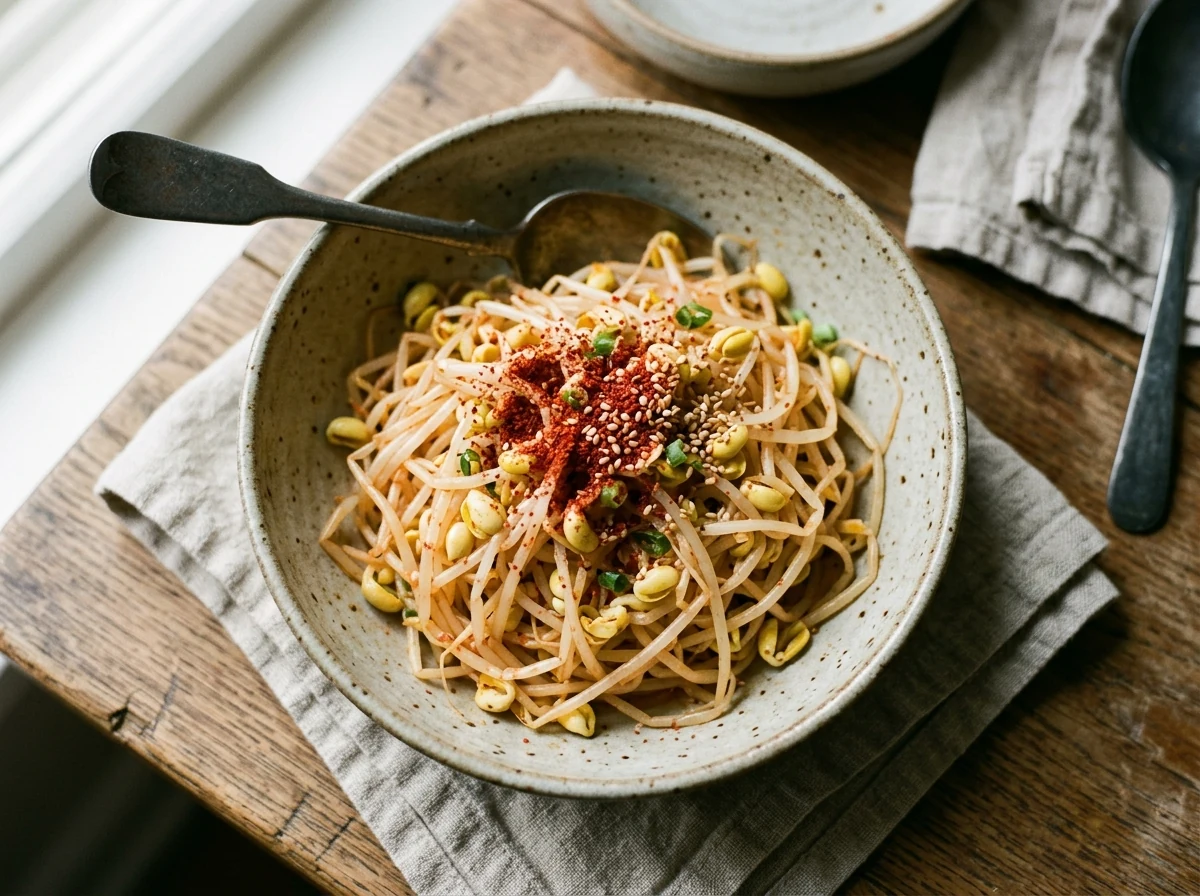 Sojasprossen-Salat mit Gochugaru-Pulver dünn überstäubt, dezenter orange-roter Schimmer.