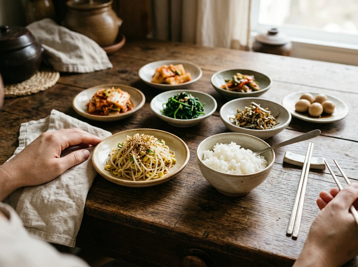 Eine flache Banchan-Schale mit angemachten Sojasprossen, mit Sesamsamen getoppt, Teil eines koreanischen Banchan-Sets.