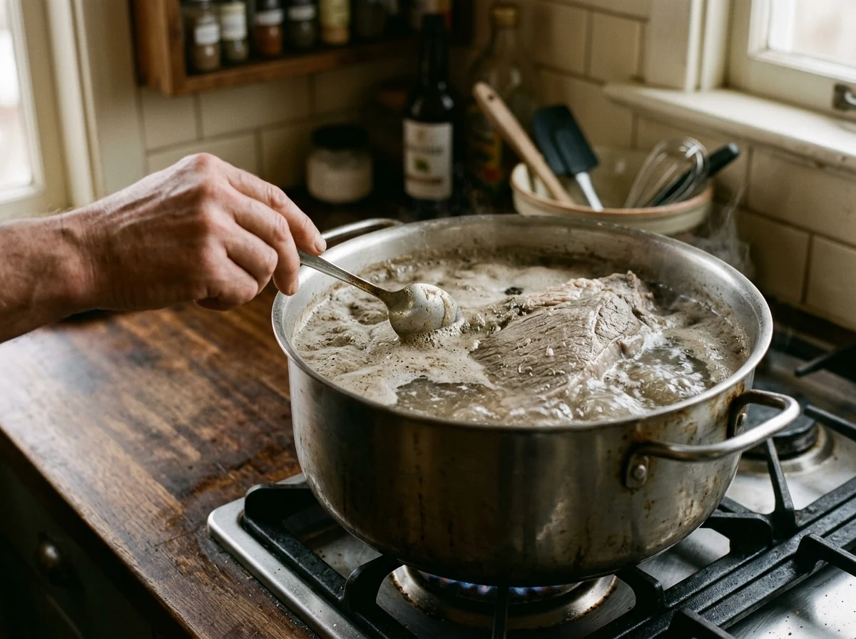 Rinderbrust wird in kochendem Wasser blanchiert, Schaum steigt auf.