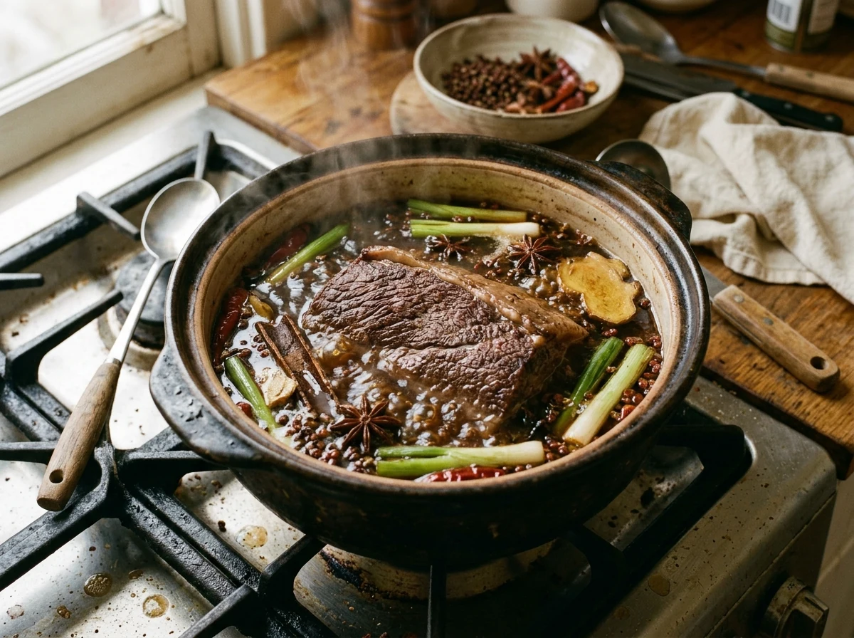 Rinderbrust zieht in der dunklen, aromatischen Sichuan-Brühe.