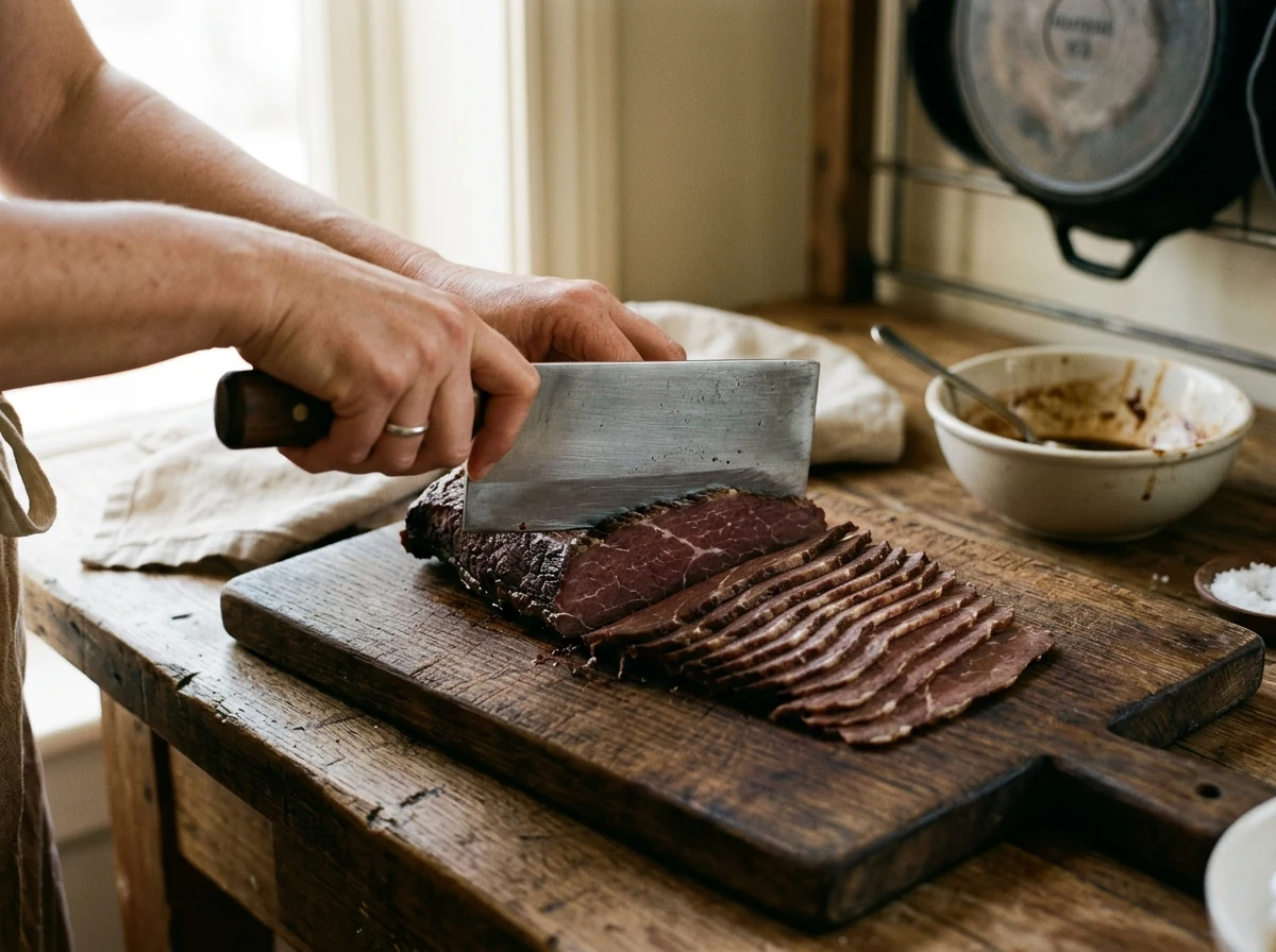 Hauchdünne Scheiben Rinderbrust werden quer zur Faser geschnitten.