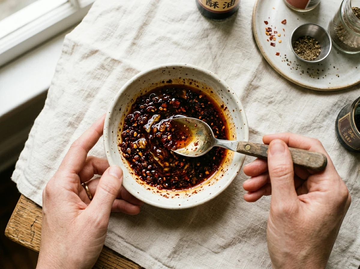 Rote Sauce mit Chiliöl, Essig und Sichuan-Pfeffer wird in einer Schüssel verrührt.