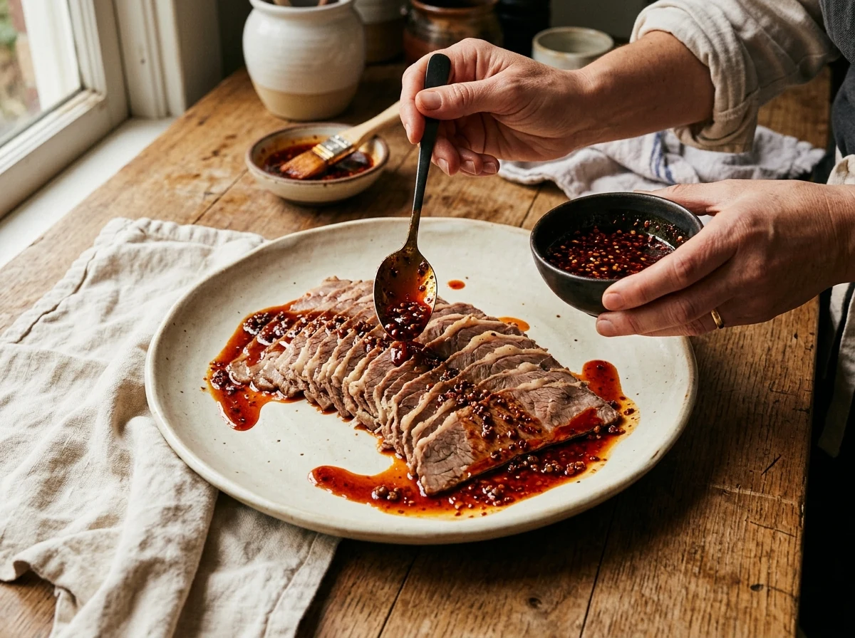 Fleischscheiben werden fächerförmig angerichtet, rote Sauce darübergegossen.