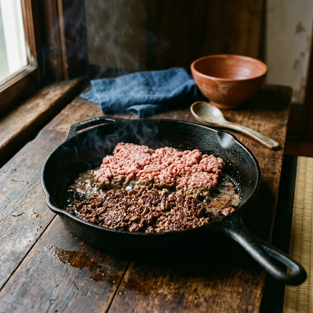 Hack bräunt in der Gusseisenpfanne, Fett tritt aus.