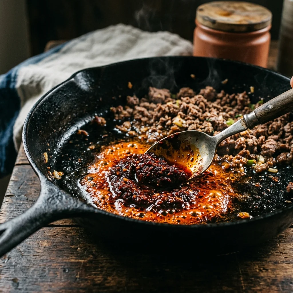 Doubanjiang röstet im heißen Öl, das Öl färbt sich tief rot.