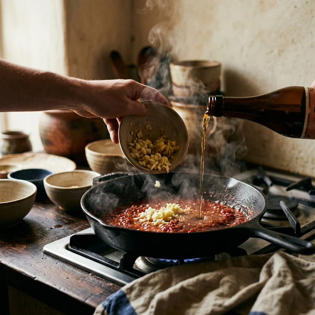 Knoblauch und Ingwer landen in der Pfanne, Reiswein wird angegossen.