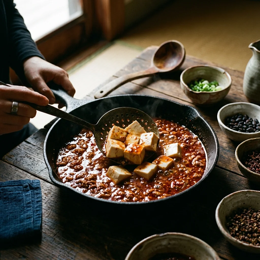 Tofuwürfel gleiten vom Schaumlöffel in die rote Soße.