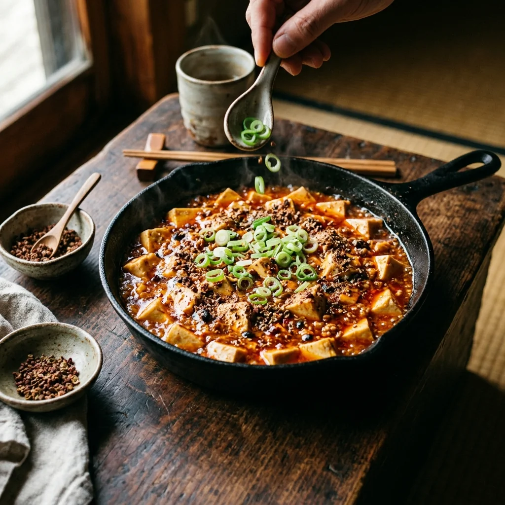 Frühlingszwiebel und Sichuan-Pfeffer werden über das fertige Gericht gestreut.