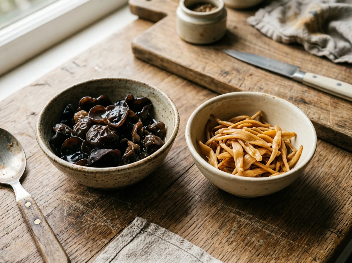 Eingeweichte Mu-Err-Pilze in einer Schale, daneben goldgelbe rehydrierte Lily-Buds.