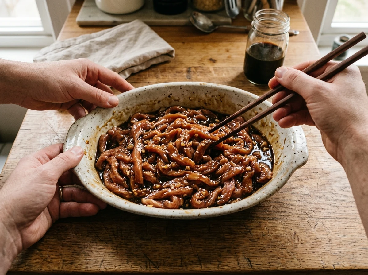 Schweine-Streifen in glasiger Maisstärke-Sojasauce-Marinade in einer flachen Schale.