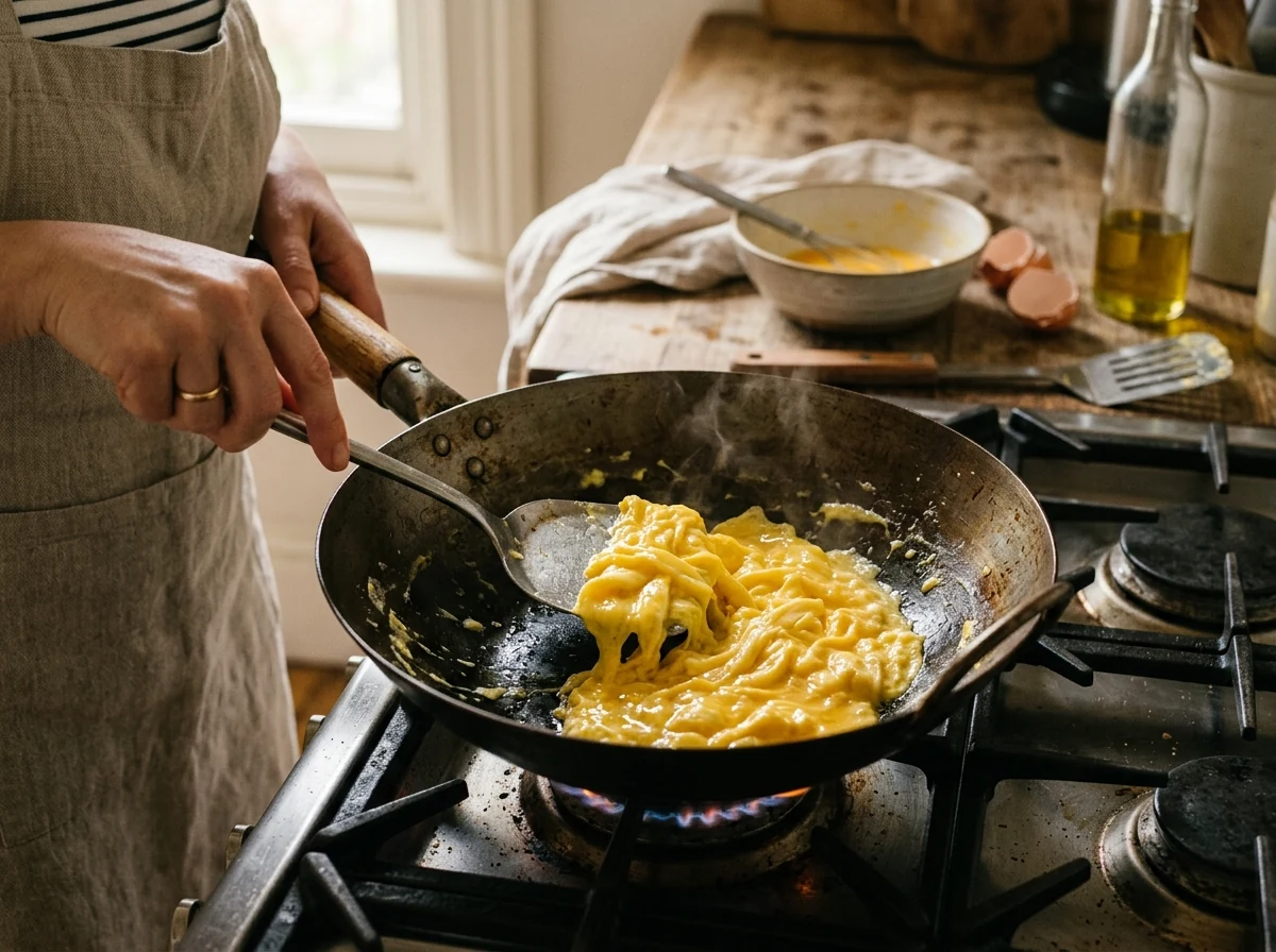 Goldgelbe weiche Eierstreifen in einem heißen Wok.