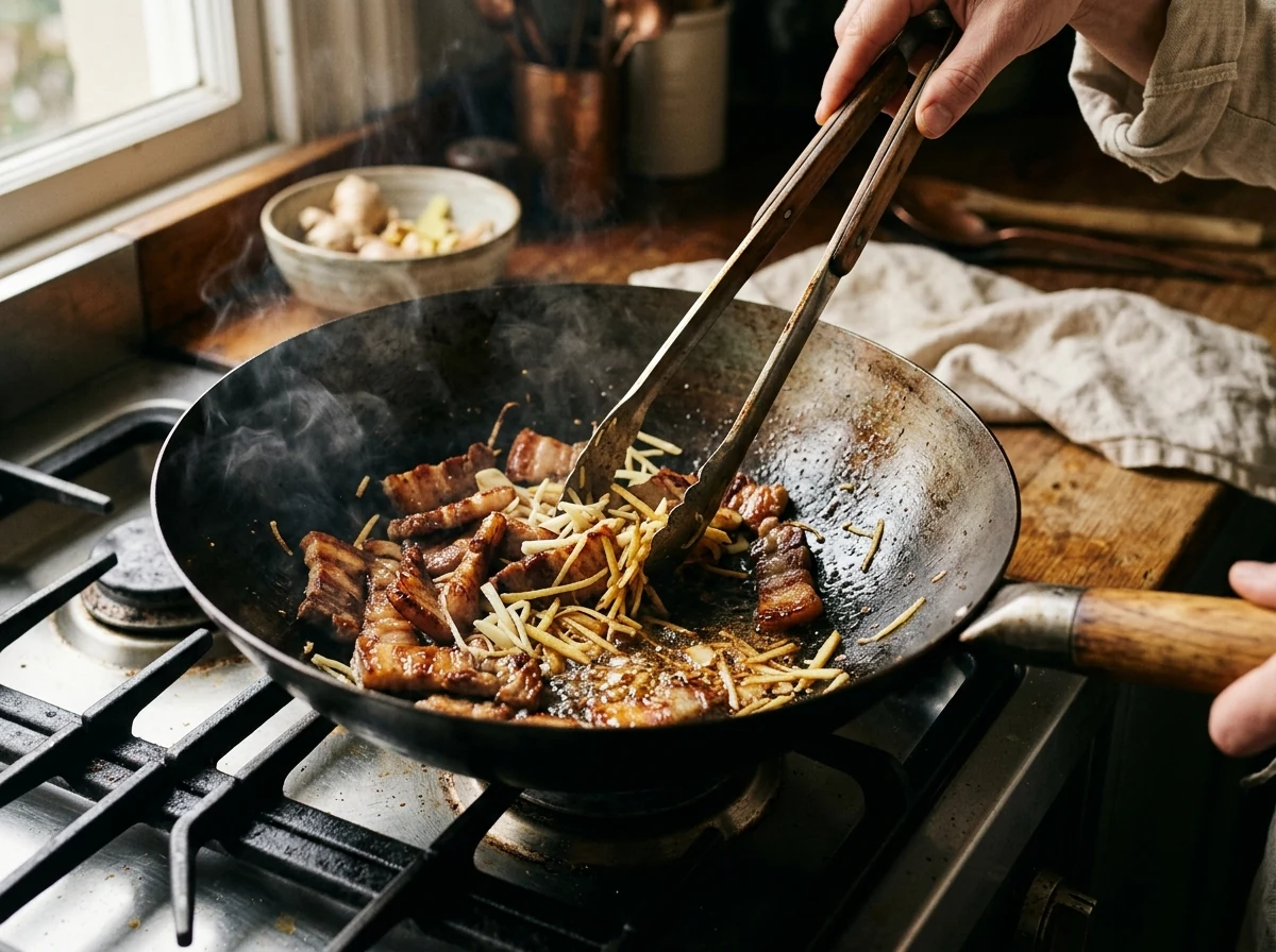 Schweine-Streifen mit Karamellkanten in einem heißen Wok mit Knoblauch und Ingwer.
