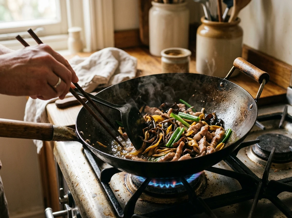 Schweine-Streifen mit dunklen Mu-Err-Streifen, hellen Lily-Buds und Frühlingszwiebel-Stücken im Wok.
