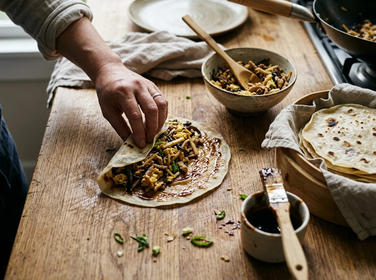 Eine Hand wickelt Mu Xu Rou in einen mit Hoisin bestrichenen Mandarin-Pfannkuchen, daneben ein Stapel Pfannkuchen und eine Schale Hoisin.