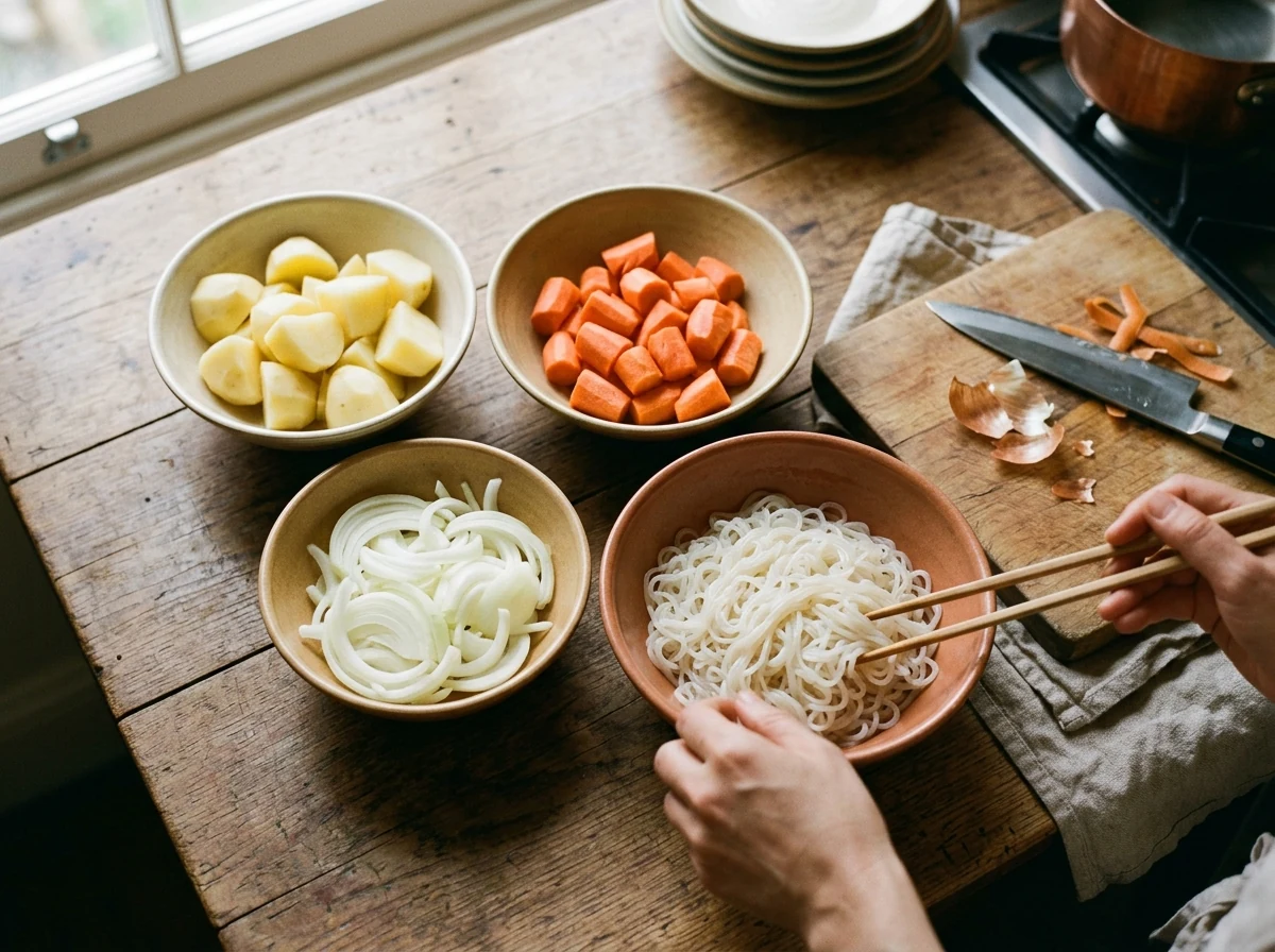 Kartoffeln in 4 cm Stücken, Karotten im Roll-cut, Zwiebel-Halbringe und blanchierte Shirataki-Nudeln auf einem Schneidebrett.