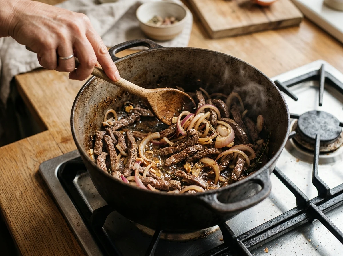 Dünne Rindfleisch-Streifen mit Zwiebel-Halbringen werden in einem schweren Topf angebraten.