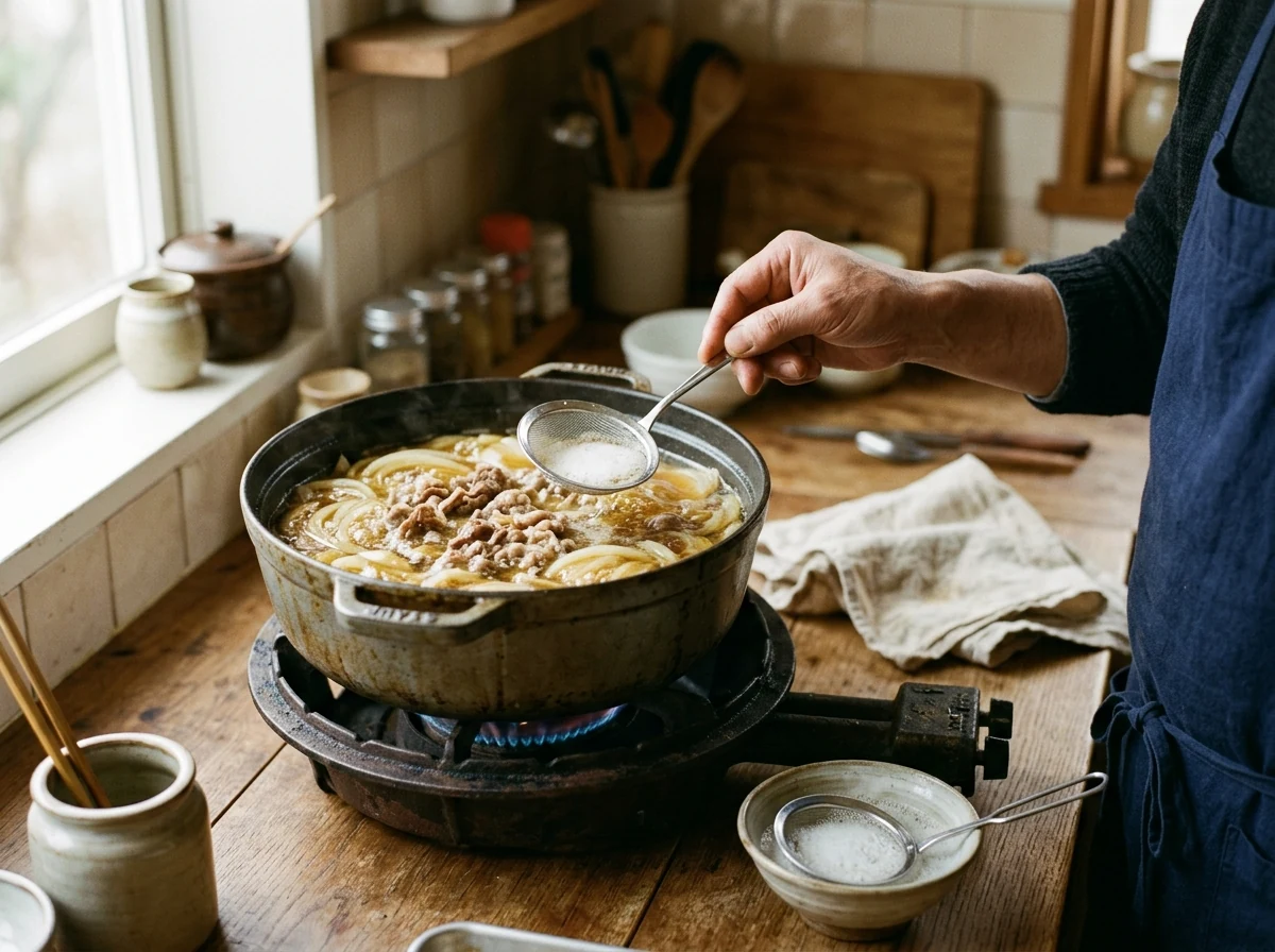 Goldgelbe Dashi-Sojasauce-Brühe in einem schweren Topf mit Rindfleisch und Zwiebel, leichter Schaum auf der Oberfläche.