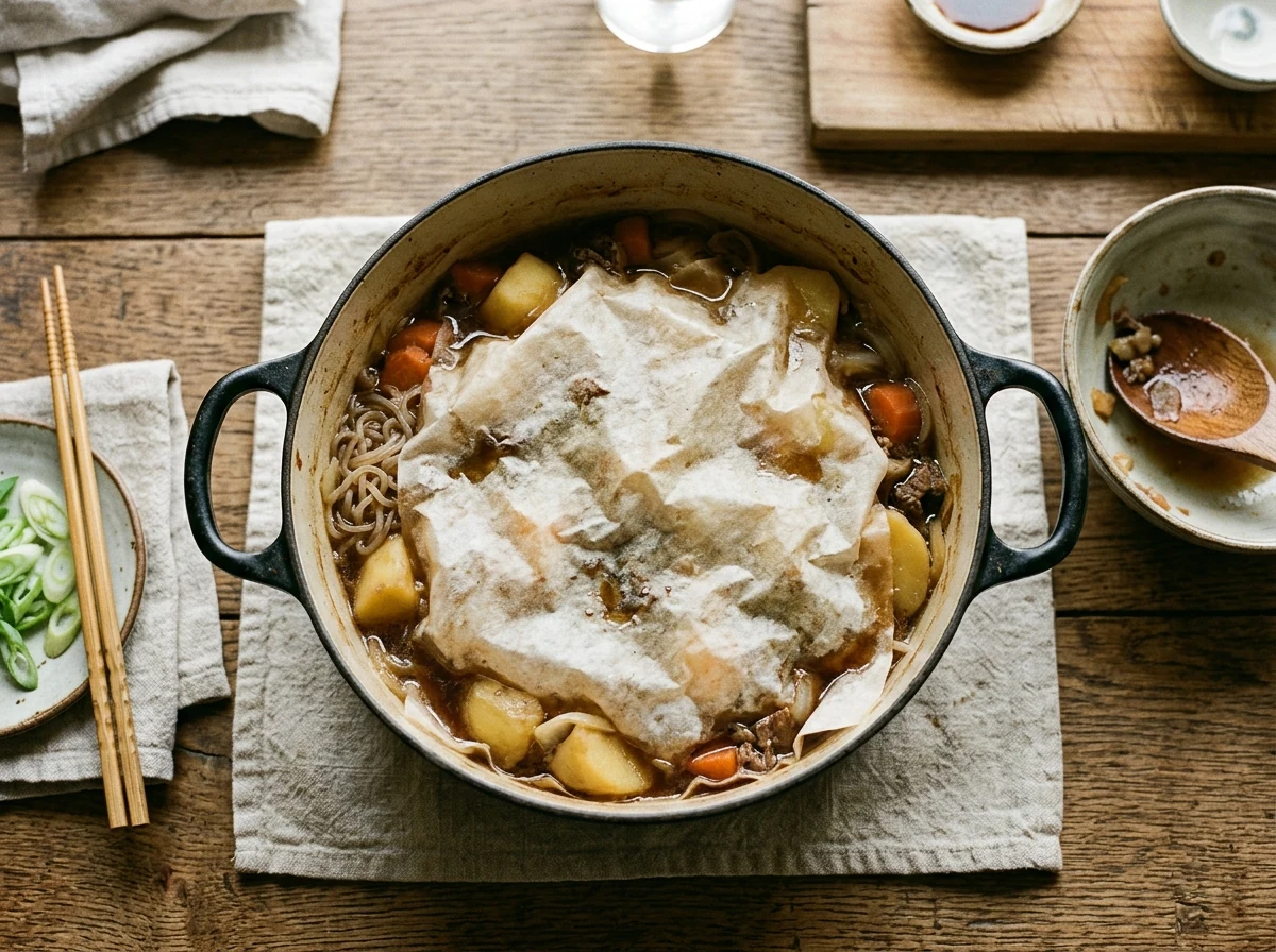 Kartoffel-Stücke und Karotten in einer goldgelben Brühe in einem schweren Topf, mit einem Backpapier-Kreis (Otoshibuta) abgedeckt.
