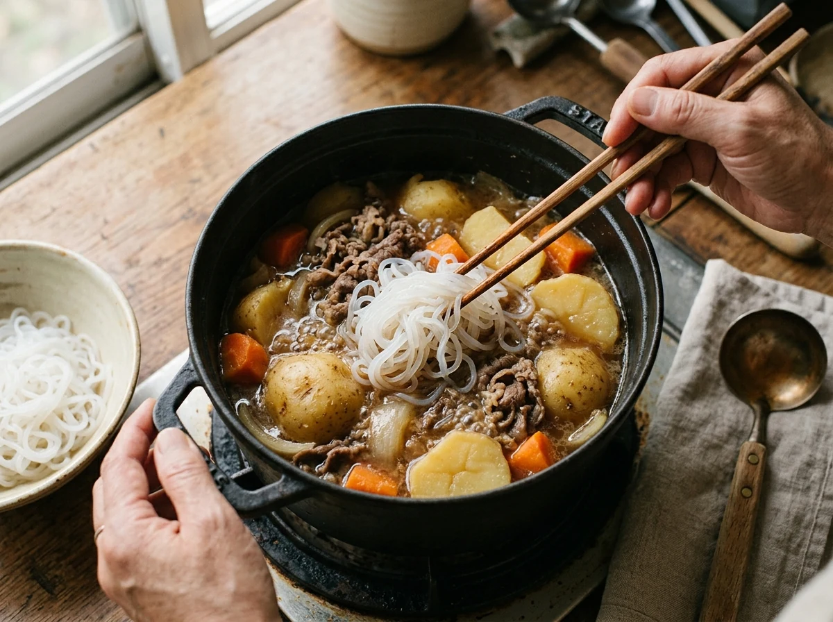 Shirataki-Nudeln zwischen Kartoffeln und Karotten in einer reduzierten goldgelben Sauce.