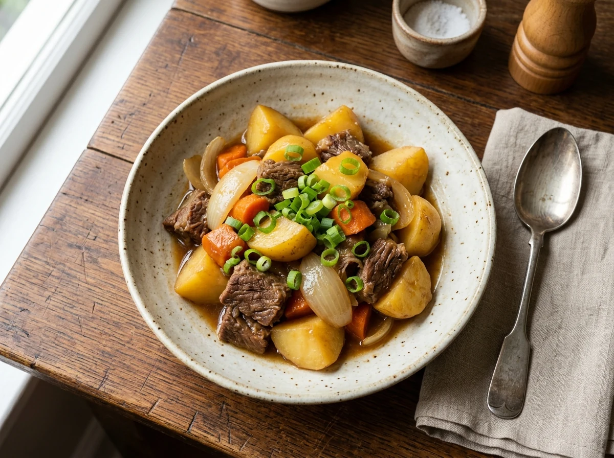 Niku-Jaga in einer flachen Servierschale: Kartoffeln, Karotten, Rind, Shirataki in glasiger goldgelb-brauner Sauce mit Frühlingszwiebel-Ringen.