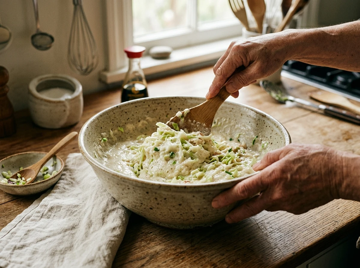 Lockerer Teig mit Kohl wird in einer großen Schüssel gewendet.