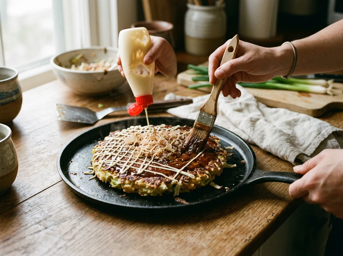 Sauce wird aufgepinselt, Kewpie Mayo zieht ein feines Gitter über die Oberfläche.