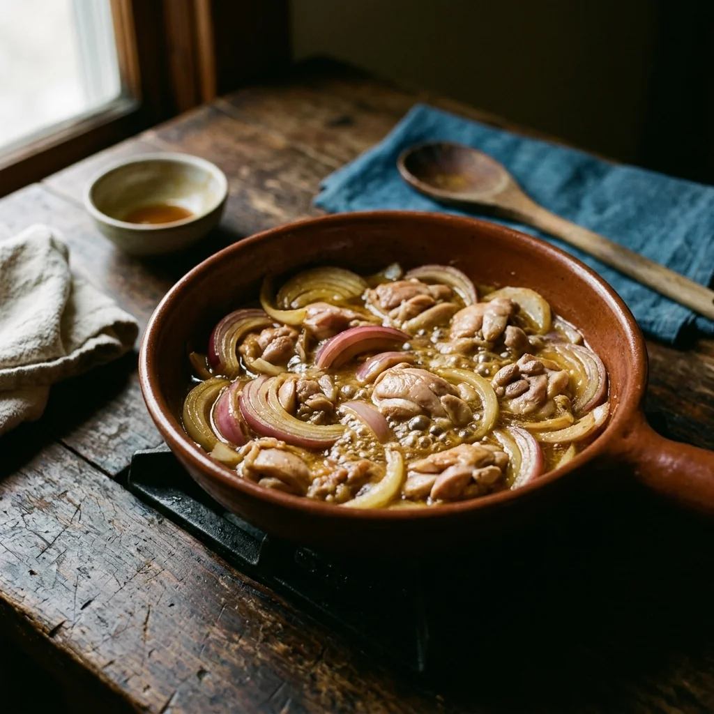 Zwiebel-Halbmonde und Hähnchen köcheln in einer goldenen Tare in einer flachen Pfanne.