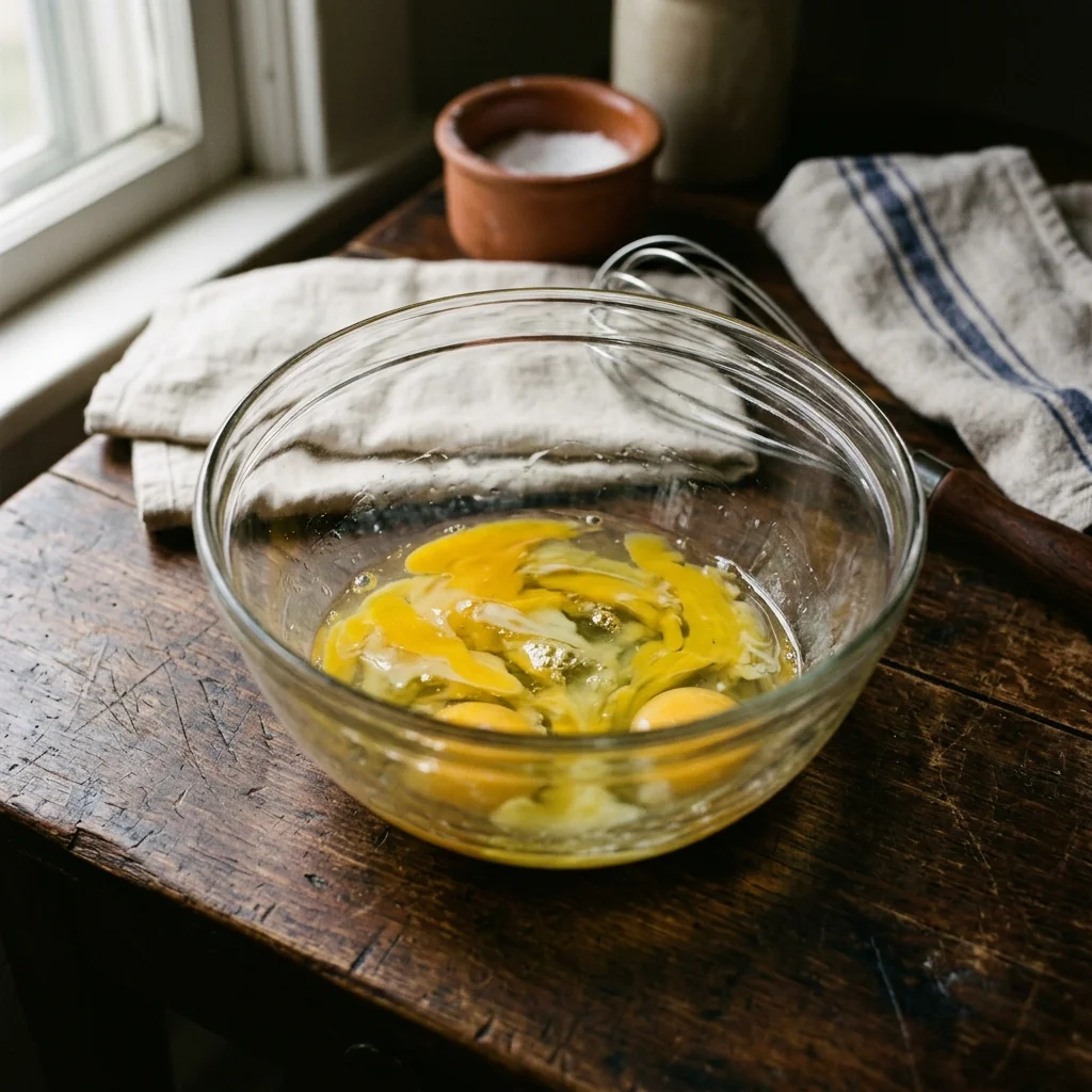 Locker verquirlte Eier in einer Glasschüssel, sichtbare Streifen aus Eigelb und Eiweiß.