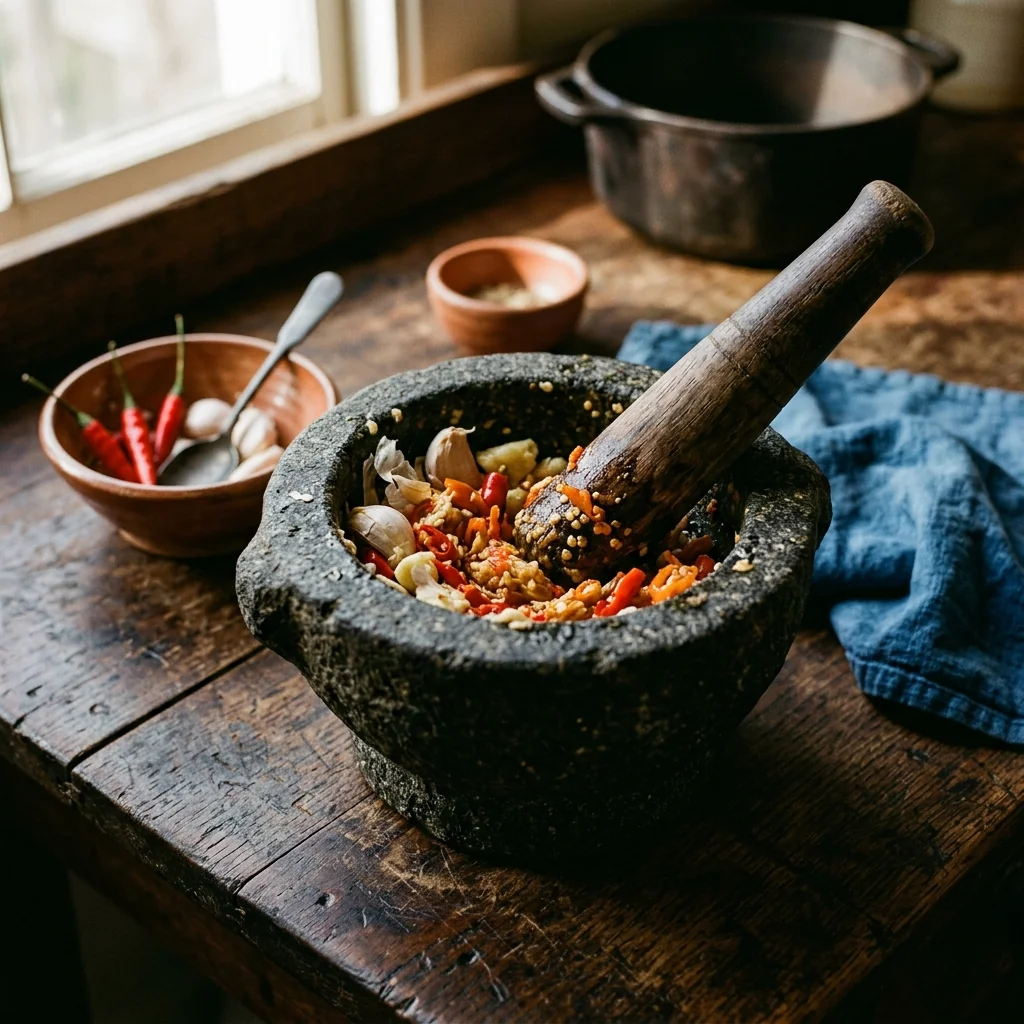 Granitmörser mit grob zerstoßenem Knoblauch und roten Vogelaugenchilis.