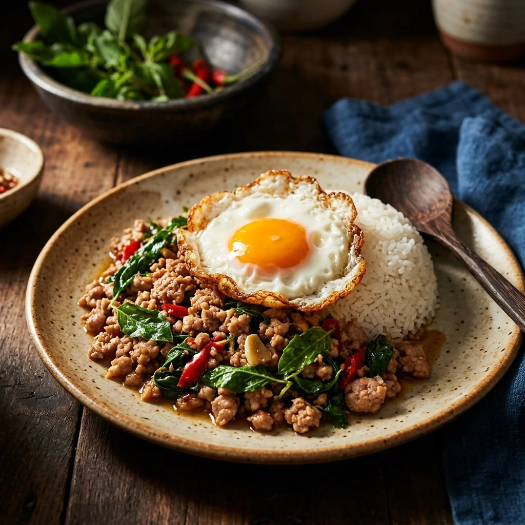 Pad Krapow Moo serviert mit Jasminreis und einem krossen Spiegelei, Holy-Basil-Blätter sichtbar.