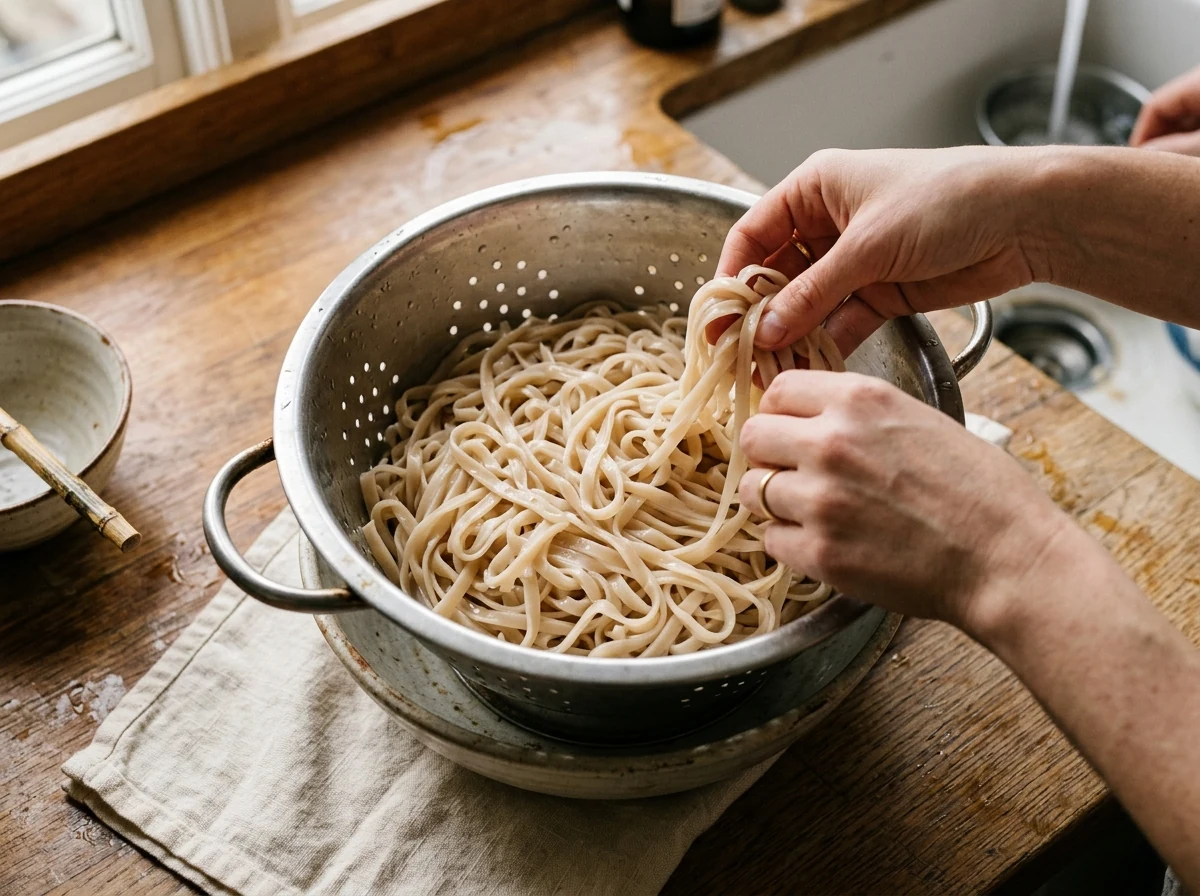 Eingeweichte biegsame Reisbandnudeln in einer großen Schüssel, hellbeige und elastisch.