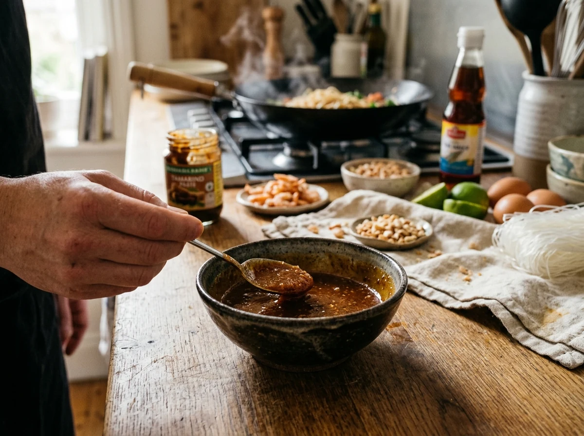 Dunkelbernsteinfarbene Pad-Thai-Sauce in einer kleinen Schüssel, glänzend und leicht zähflüssig.