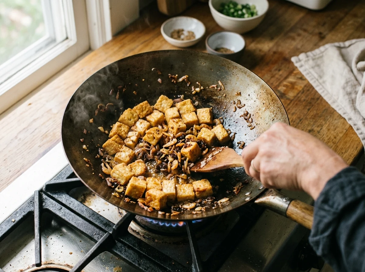 Goldbraune Tofu-Würfel mit Schalotten, Knoblauch und kleinen getrockneten Garnelen in einem heißen Wok.