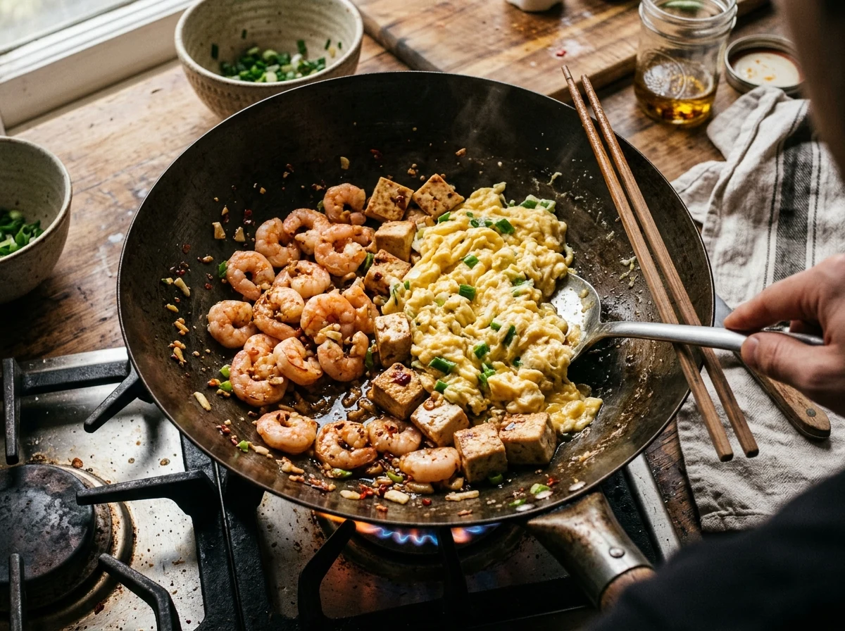 Garnelen auf einer Seite eines Woks, gescrambelte Eier auf der anderen, Tofu im Hintergrund.