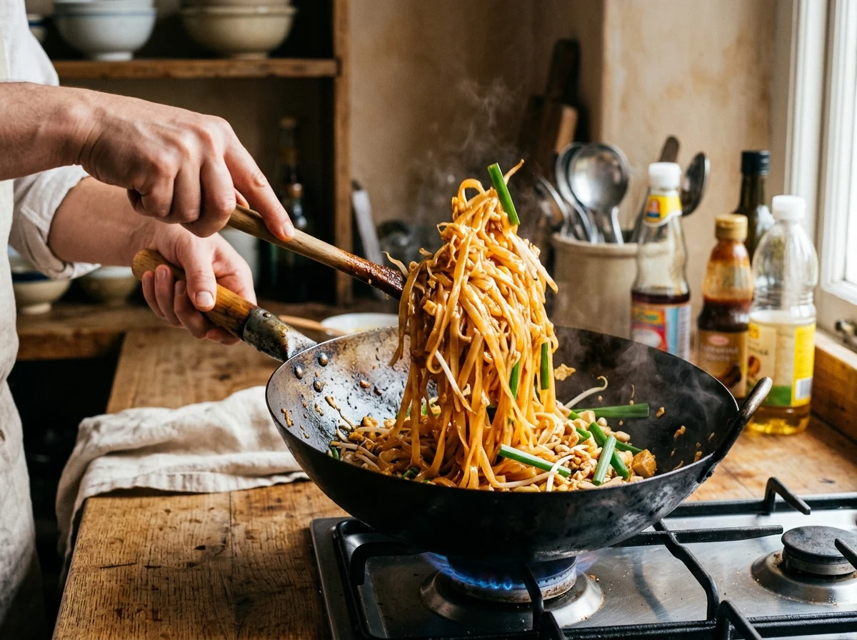 Reisbandnudeln werden mit Pad-Thai-Sauce in einem Wok energisch durchgemischt, glasig und braun-orange.